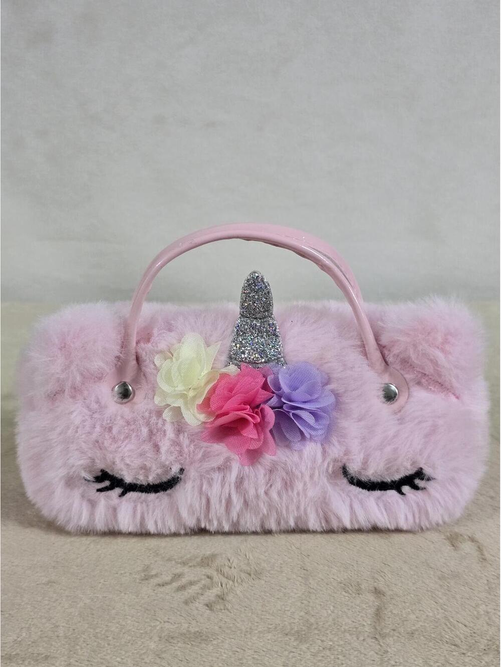 Pink Plush Unicorn Handbag/ eyeglass case with Floral and Glitter Horn Detail